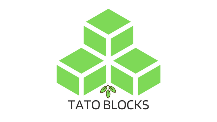 three green blocks stacked pyramid style with a leaf underneath and the words Tato Blocks on the bottom